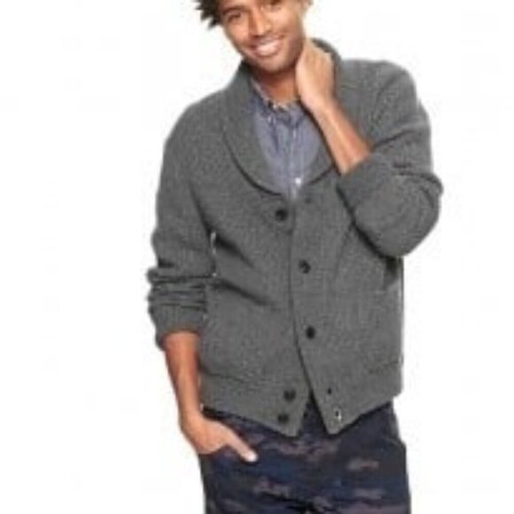 Gap Mens Cardigan Shawl Collar Chunky Waffle Ribbed Knit M Grey Grandpa - Picture 2 of 11